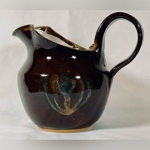 Artisan Pottery Stoneware Pitcher Jug Signed HUNT; 6" Tall Brown Glaze